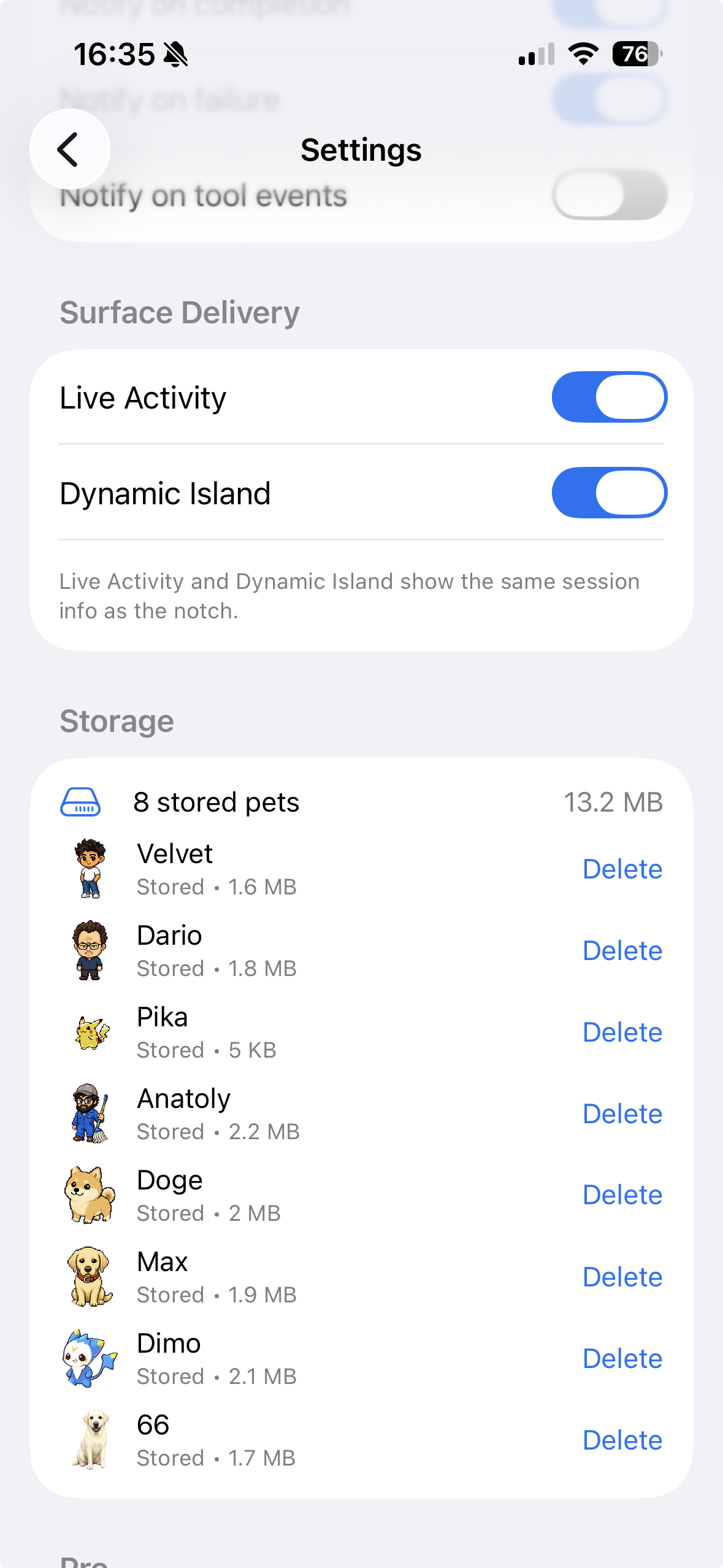 SnitchPet storage and surface delivery settings